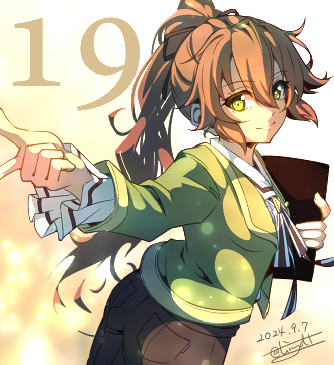 1girl bolo_tie brown_hair countdown dated double-parted_bangs eiyuu_densetsu floating_hair green_eyes hair_between_eyes holding holding_notebook kai_no_kiseki kuro_no_kiseki_(series) long_hair notebook pointing signature smile solo tinybiard towa_herschel twitter_username