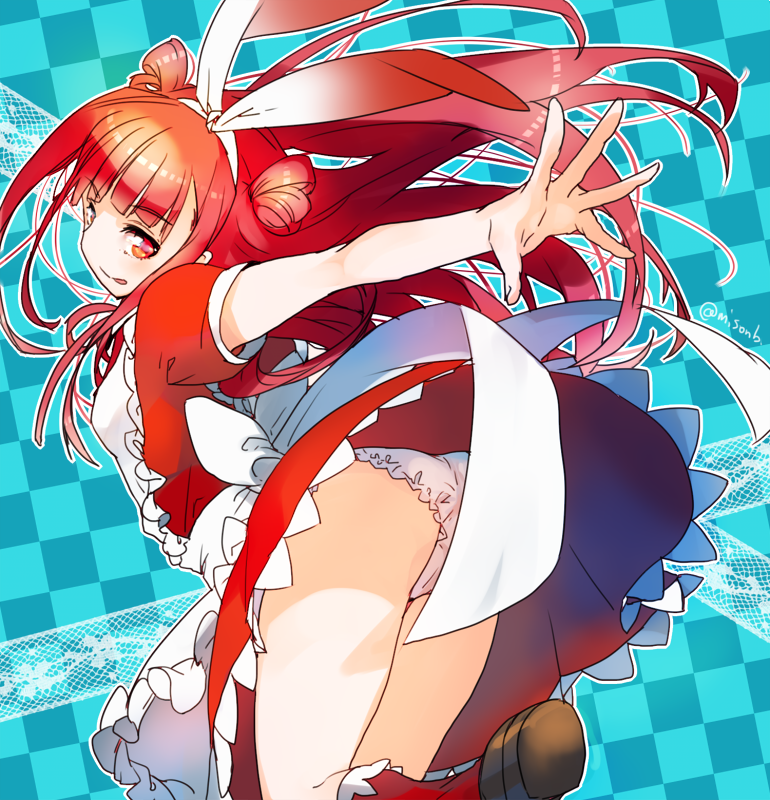 1girl apron beatmania_(series) beatmania_iidx bemani blue_background brown_footwear checkered_background fingernails hairband inpr licking_lips outstretched_arm panties red_eyes red_ribbon red_socks ribbon socks solo tongue tongue_out twitter_username umegiri_ameto underwear upskirt white_apron white_hairband white_panties