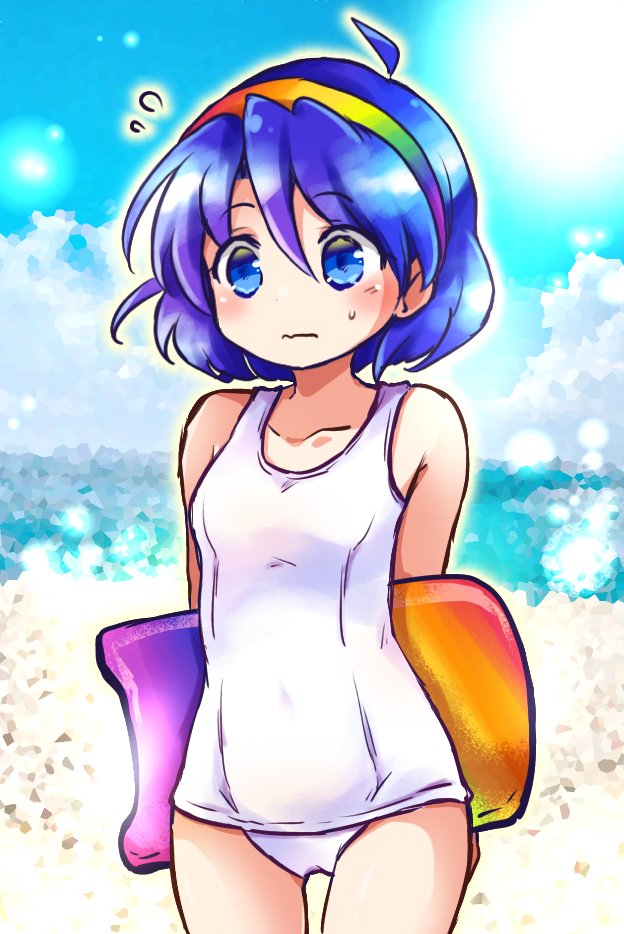 1girl alternate_costume arms_behind_back beach blue_eyes blue_hair blue_sky bodyboard closed_mouth cloud cowboy_shot flying_sweatdrops hairband horizon looking_at_viewer multicolored_hairband ocean one-piece_swimsuit outdoors pote_(ptkan) short_hair sky solo standing sweatdrop swimsuit tenkyuu_chimata touhou white_one-piece_swimsuit