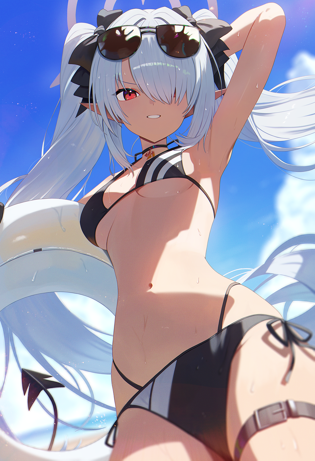 1girl armpits belt bikini black_belt black_bikini black_choker blue_archive blue_sky breasts choker cloud commentary dark-skinned_female dark_skin day eyewear_on_head grey_halo hair_over_one_eye halo highres iori_(blue_archive) iori_(swimsuit)_(blue_archive) long_hair looking_at_viewer medium_breasts melreon navel official_alternate_costume outdoors red_eyes side-tie_bikini_bottom sky solo summer sunglasses swimsuit tail thigh_belt thigh_strap twintails