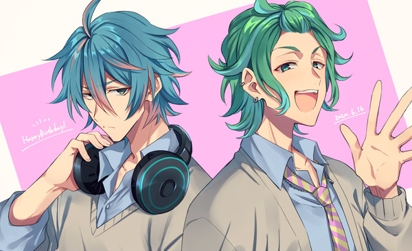 2boys :d ahoge bad_id bad_pixiv_id bangs_pinned_back bishounen blue_hair brothers collared_shirt dated from_argonavis green_hair happy_birthday headphones headphones_around_neck male_focus multicolored_hair multiple_boys necktie nijou_haruka nijou_kanata open_mouth piercing pink_background saigi school_uniform shirt siblings smile sweater twins