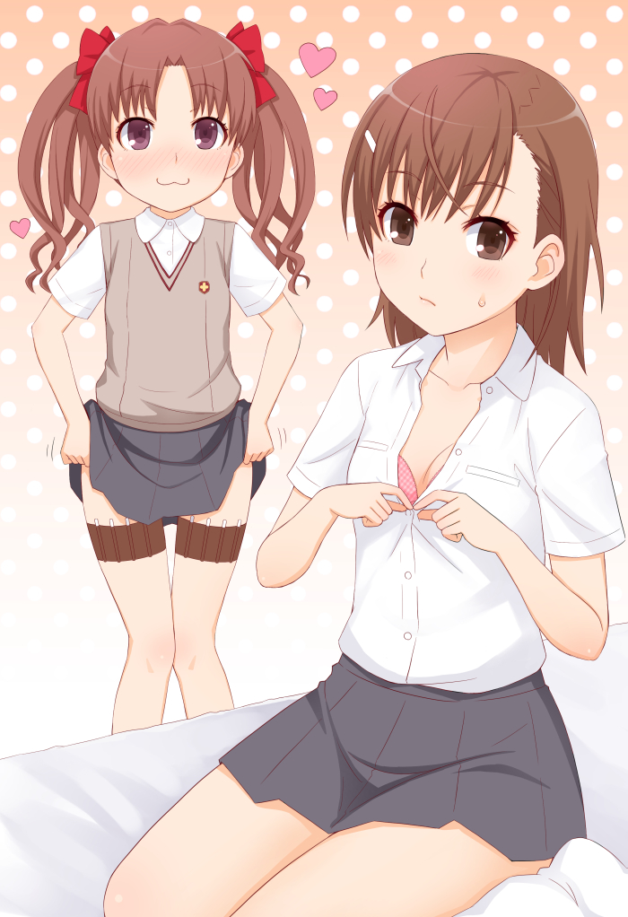 10s 2013 2girls :3 bad_id bad_pixiv_id bra breasts brown_eyes brown_hair cleavage collarbone dress_shirt ha-ru heart long_hair matching_hair/eyes miniskirt misaka_mikoto multiple_girls polka_dot polka_dot_background school_uniform shirai_kuroko shirt short_hair skirt sweatdrop thighs toaru_kagaku_no_railgun toaru_majutsu_no_index tokiwadai_school_uniform twintails underwear undressing