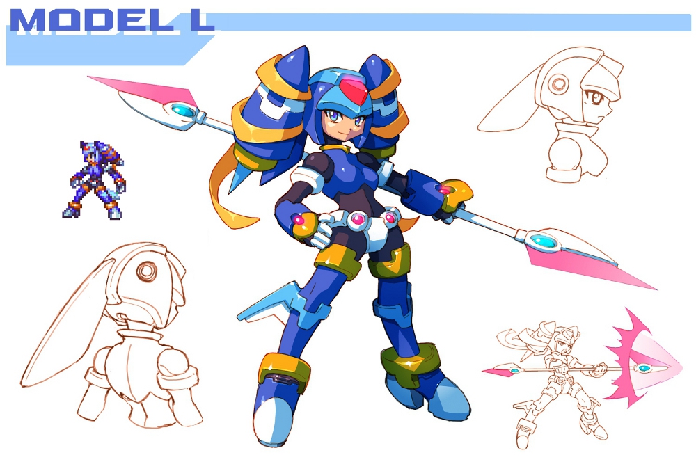 1girl abs alternate_costume alternate_hairstyle armor blonde_hair blue_eyes bodystocking boots breasts ciel_(mega_man) codpiece drill_hair energy_blade forehead_jewel full_body gauntlets halberd helmet high_heel_boots high_heels long_hair mega_man_(series) mega_man_zero_(series) mega_man_zx model_l_(mega_man) polearm sleeveless small_breasts sprite_art thigh_boots thighs tomycase twin_drills weapon white_background