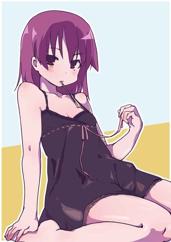 1girl bare_shoulders barefoot breasts cleavage female_focus hiyo_kotori kneeling lingerie looking_at_viewer miyanaga_teru mouth_hold negligee purple_eyes red_hair ribbon saki_(manga) short_hair sitting sleeveless small_breasts solo underwear wariza