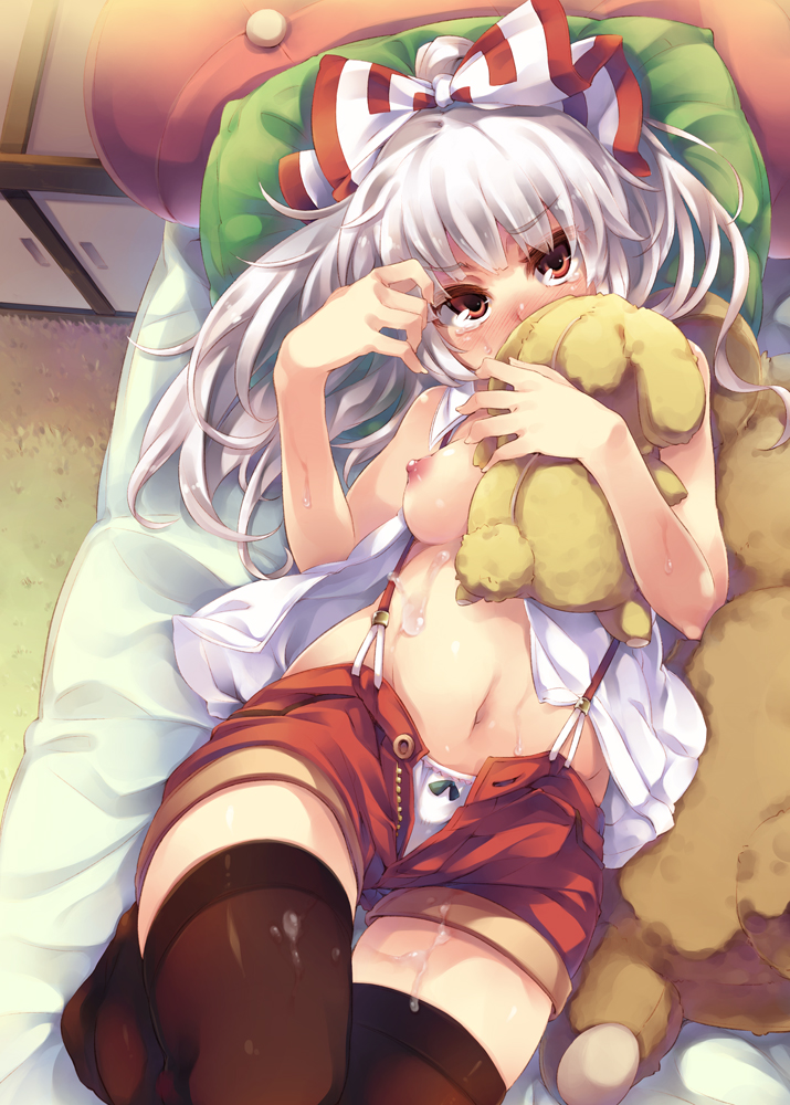 1girl black_thighhighs blush breasts cum cum_on_body cum_on_lower_body cum_on_stomach female_focus fujiwara_no_mokou head_tilt long_hair looking_at_viewer lying nipples open_clothes open_shirt panties pillow red_eyes shirt sleeveless sleeveless_shirt small_breasts soine solo stuffed_animal stuffed_rabbit stuffed_toy suspenders tears thighhighs touhou underwear unzipped white_hair white_panties