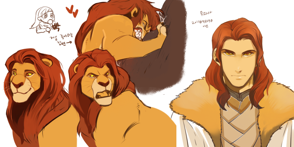 1boy animification bad_id bad_pixiv_id brown_eyes brown_hair colored_sclera disney fur_trim korean_text lion male_focus mane mufasa personification red_hair solo the_lion_king yamyo yellow_sclera