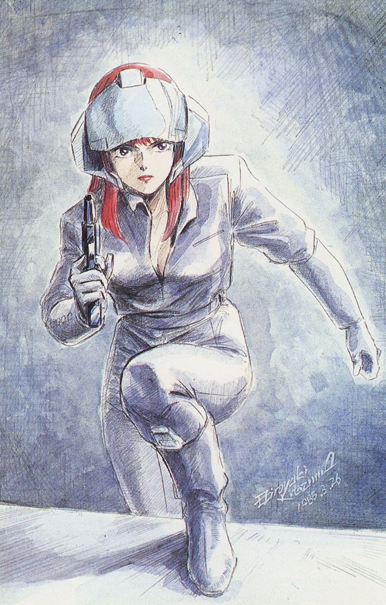 1980s_(style) 1985 1girl boots dated energy_gun gaw_ha_leccee gloves helmet highres juusenki_l-gaim kitazume_hiroyuki looking_at_viewer oldschool production_art promotional_art ray_gun red_hair retro_artstyle scan serious signature sketch traditional_media uniform weapon