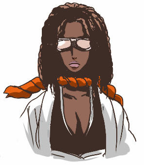 1girl bleach breasts brown_hair cioccolatodorima cleavage dark_skin gender_request genderswap goggles dreadlocks lipstick lowres makeup scarf shihackusho shinigami third-party_edit tousen_kaname