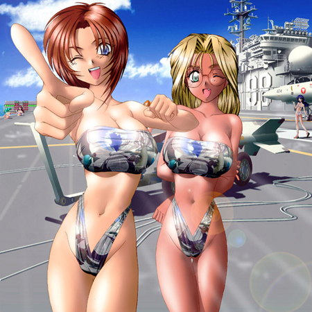 2girls aircraft_carrier bikini blonde_hair breasts brown_hair flight_deck glasses lowres military military_vehicle multiple_girls narukami_kaname_(flag_quarters) non-web_source outdoors ship swimsuit warship watercraft