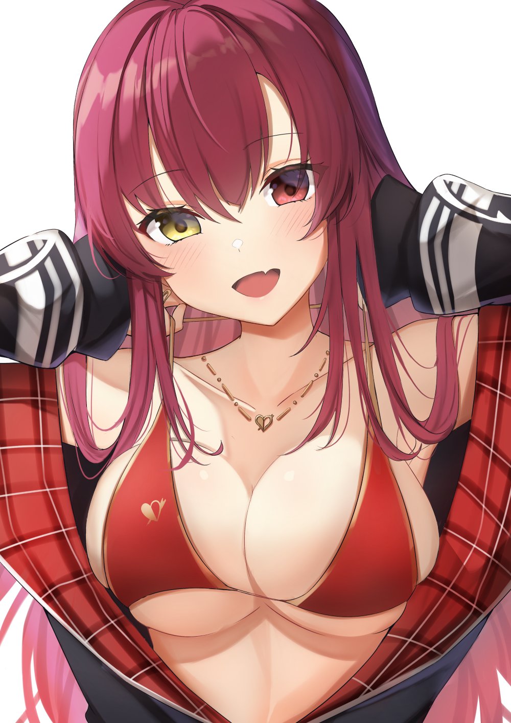 1girl :d bikini black_jacket breasts cleavage clothing_cutout collarbone commentary_request fang hair_between_eyes halterneck hand_up heterochromia highres holding_strap hololive houshou_marine houshou_marine_(summer) jacket jewelry large_breasts long_hair long_sleeves menmen_(menmen13s) navel_cutout necklace open_clothes open_jacket open_mouth red_eyes red_hair simple_background skin_fang smile solo string_bikini swimsuit upper_body virtual_youtuber white_background yellow_eyes