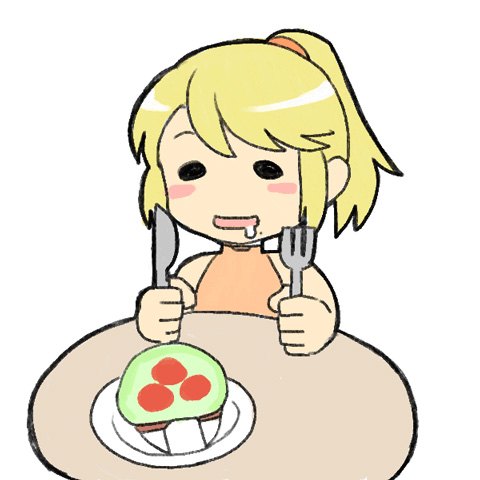 1girl bare_arms black_eyes blonde_hair blush_stickers chibi drooling fork hair_tie hands_on_table holding holding_fork holding_knife knife lowres medium_hair metroid metroid_(creature) naru_(wish_field) nintendo open_mouth orange_shirt plate ponytail samus_aran shirt simple_background sleeveless sleeveless_shirt smile solid_oval_eyes upper_body white_background