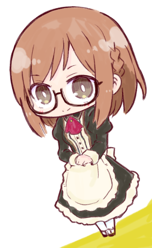 1girl alice_gear_aegis apron black-framed_eyewear black_dress black_footwear blush braid brown_eyes brown_hair chibi closed_mouth commentary_request dress full_body glasses juliet_sleeves kasuga_yuuki long_hair long_sleeves looking_at_viewer own_hands_together pantyhose puffy_sleeves semi-rimless_eyewear shoes smile solo standing sutegoro_shiina under-rim_eyewear white_apron white_background white_pantyhose