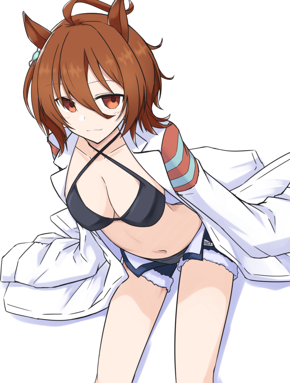 1girl adapted_costume agnes_tachyon_(lunatic_lab)_(umamusume) agnes_tachyon_(umamusume) ahoge animal_ears bikini black_bikini breasts brown_hair chemical_structure cleavage closed_mouth coat commentary_request criss-cross_halter earrings feet_out_of_frame hair_between_eyes halterneck highres horse_ears horse_girl horse_tail jewelry lab_coat long_sleeves medium_breasts messy_hair navel open_clothes open_coat open_fly red_eyes sena_kizahashi short_hair simple_background single_earring sleeves_past_fingers sleeves_past_wrists solo swimsuit tail umamusume very_long_sleeves white_background