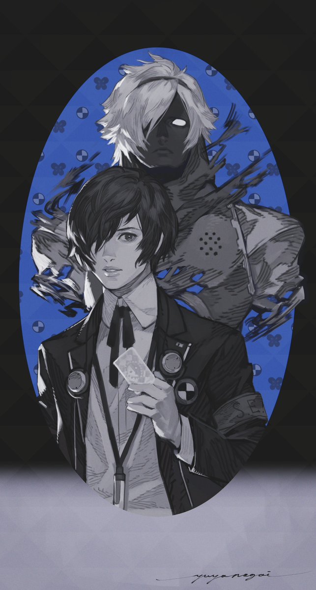 1boy armband black_jacket card collared_shirt gekkoukan_high_school_uniform greyscale_with_colored_background hair_over_one_eye headphones holding holding_card jacket long_sleeves male_focus neck_ribbon orpheus_(persona) persona persona_3 ribbon s.e.e.s school_uniform shirt short_hair solo tarot tarot_card v8 white_shirt yuuki_makoto_(persona_3)