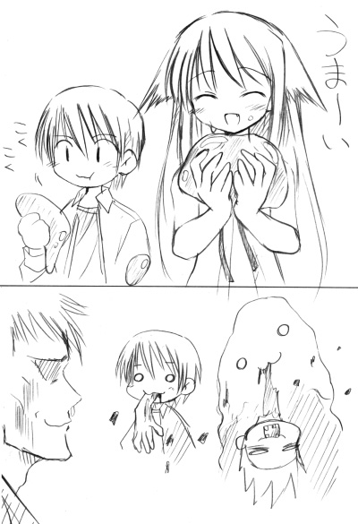 1girl 2boys 2koma :3 :d adam&#039;s_apple bad_food blush cannibalism chibi comic eating closed_eyes greyscale holding long_hair long_sleeves monochrome multiple_boys o_o open_mouth ribbon sakisaka_fuminori saya_(saya_no_uta) saya_no_uta severed_head severed_limb shirt short_hair sketch smile tonoo_kouji |_|