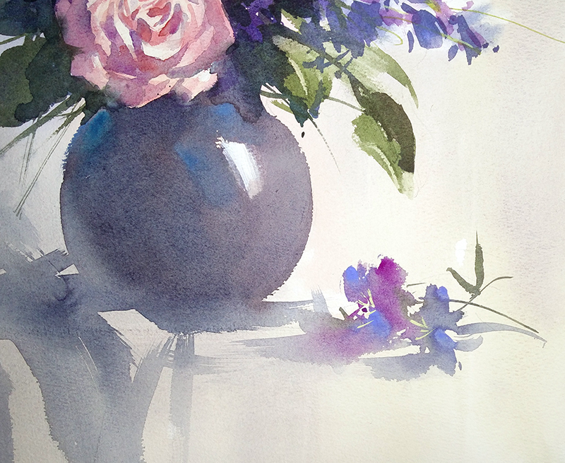 flower leaf light nara_watercolor no_humans original painting_(medium) pink_flower pink_rose plant potted_plant purple_flower rose shadow traditional_media vase watercolor_(medium)