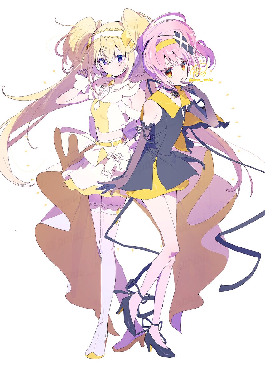 2girls bare_shoulders black_dress blonde_hair choker commentary dress elbow_gloves english_commentary full_body gloves high_heels highres hinamori_amu hoshina_utau looking_at_viewer magical_girl multiple_girls orange_eyes paru_rari pink_hair ponytail purple_eyes shugo_chara! sidelocks simple_background skirt thighhighs twintails white_background white_skirt