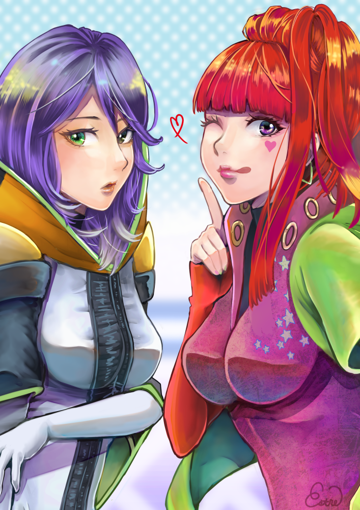 2girls gina_(gnosia) gloves gnosia hair_between_eyes heart heterochromia hood hoodie long_sleeves looking_at_viewer medium_hair multiple_girls one_eye_closed polypolyeses red_hair smile solo sq_(gnosia) upper_body wavy_hair