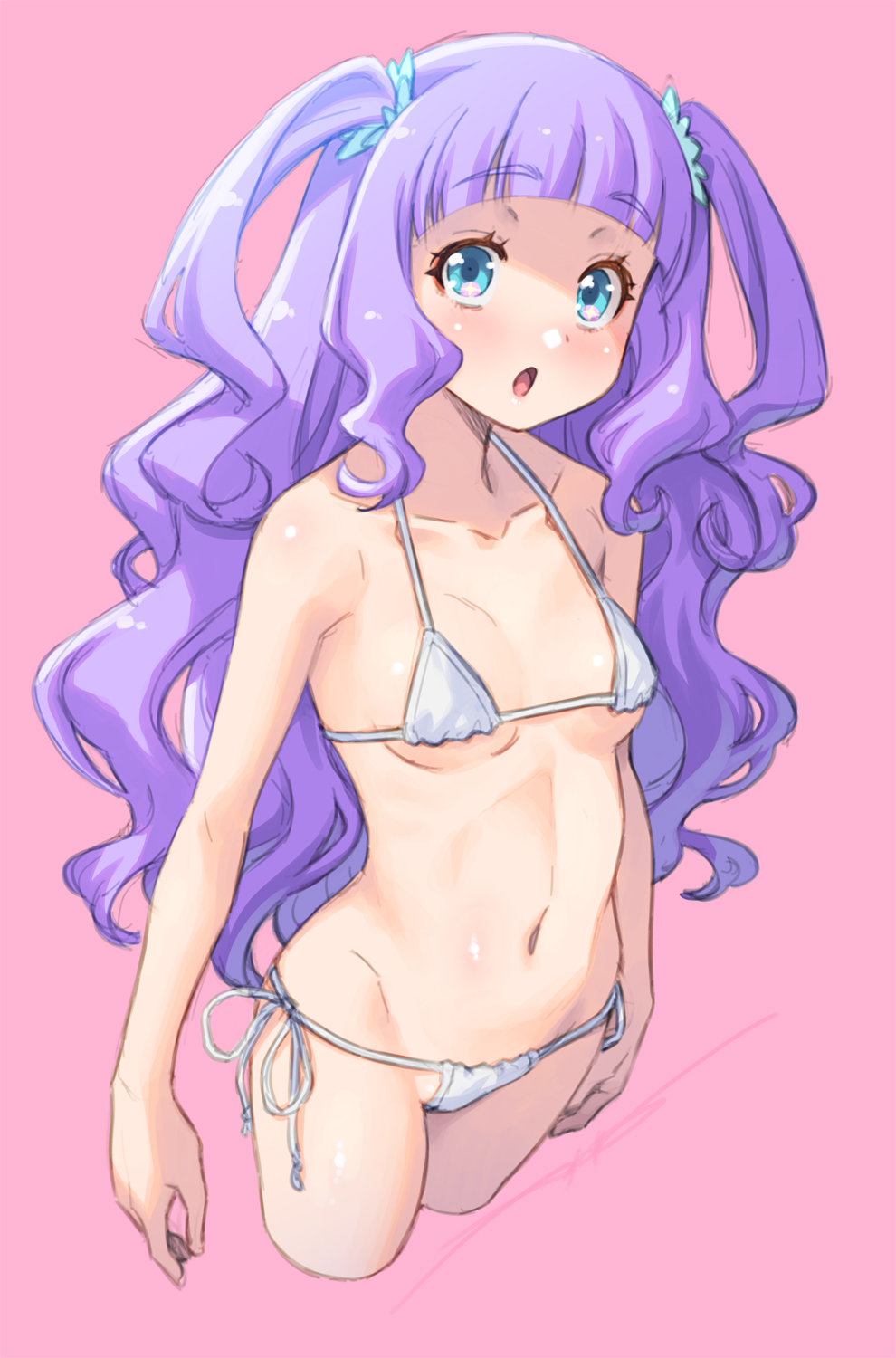 1girl :o bare_arms bikini blue_eyes blunt_bangs breasts cleavage collarbone cowboy_shot cropped_torso curly_hair ellee-chan groin hair_ornament halterneck highres hirogaru_sky!_precure kazuma_muramasa long_hair looking_at_viewer lowleg lowleg_bikini navel open_mouth pink_background precure purple_hair ribbon side-tie_bikini_bottom sideboob sketch small_breasts solo swimsuit twintails underboob undersized_clothes very_long_hair white_bikini white_ribbon