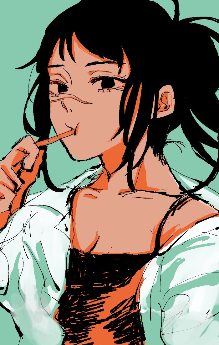 1girl ae2w3 black_eyes black_hair black_tank_top chainsaw_man eating eyelashes scar_on_face food green_background jacket long_hair pocky ponytail scar solo tank_top tendou_michiko white_jacket