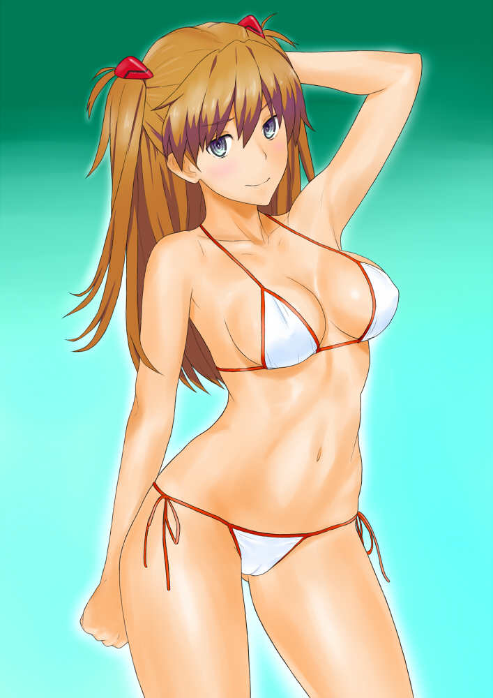 00s 1girl bikini blue_eyes brown_hair cameltoe coldcrush curvy female_focus long_hair looking_at_viewer neon_genesis_evangelion shiny_skin side-tie_bikini_bottom solo souryuu_asuka_langley swimsuit thong_bikini white_bikini wide_hips