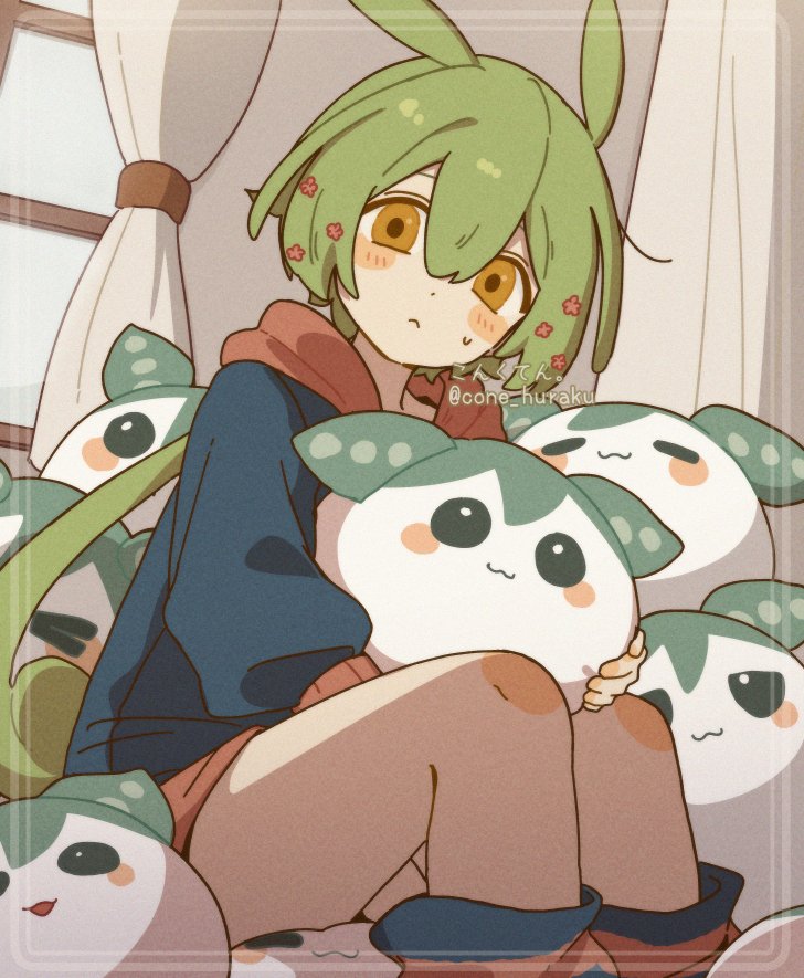 1girl :3 alternate_costume bare_legs blue_hoodie blue_socks blush closed_mouth commentary_request corn_kuten creature_and_personification feet_out_of_frame flower green_hair hair_between_eyes hair_flower hair_ornament hairpin holding holding_stuffed_toy hood hoodie indoors long_hair long_sleeves looking_at_viewer loose_socks low_ponytail multiple_hairpins open_mouth orange_hood orange_socks parted_lips personification sitting socks solo stuffed_toy sweatdrop three_quarter_view twitter_username voicevox window yellow_eyes zundamon