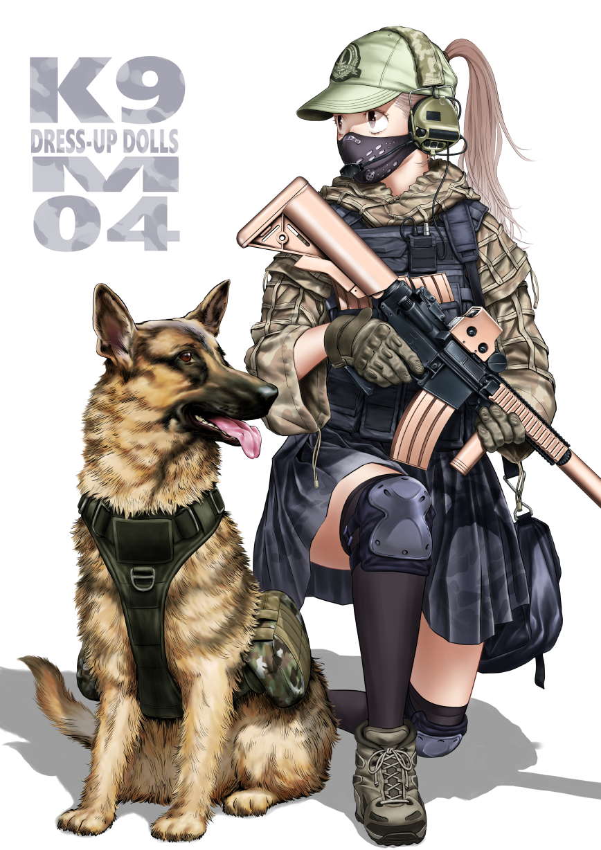 1girl assault_rifle bag camouflage camouflage_skirt dog german_shepherd gloves grey_eyes grey_hair gun headset highres k9_(dog) knee_pads kneeling load_bearing_vest looking_to_the_side m4_carbine military on_one_knee original ponytail pouch rifle shadow shoes shoulder_bag simple_background skirt sneakers solo suppressor toshi_(pixiv6514) weapon white_background