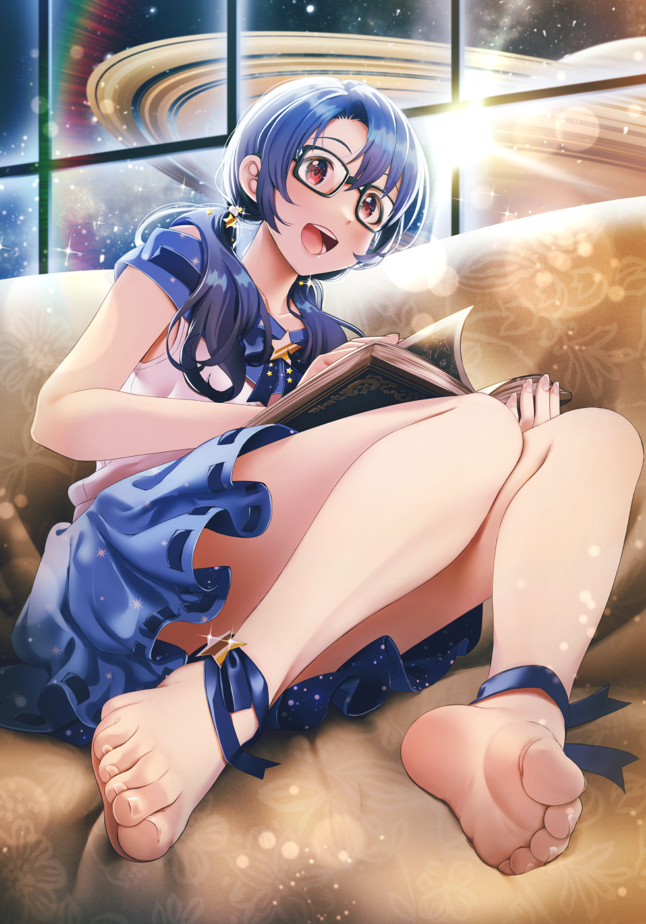 1girl ankle_ribbon bare_arms bare_legs barefoot black_hair blue_dress blue_hair blue_ribbon book brown_eyes casino_(casinoep) couch dress feet foot_focus foreshortening glasses highres holding holding_book idolmaster idolmaster_million_live! leg_ribbon long_hair low_twintails open_mouth red_eyes ribbon skirt takayama_sayoko twintails