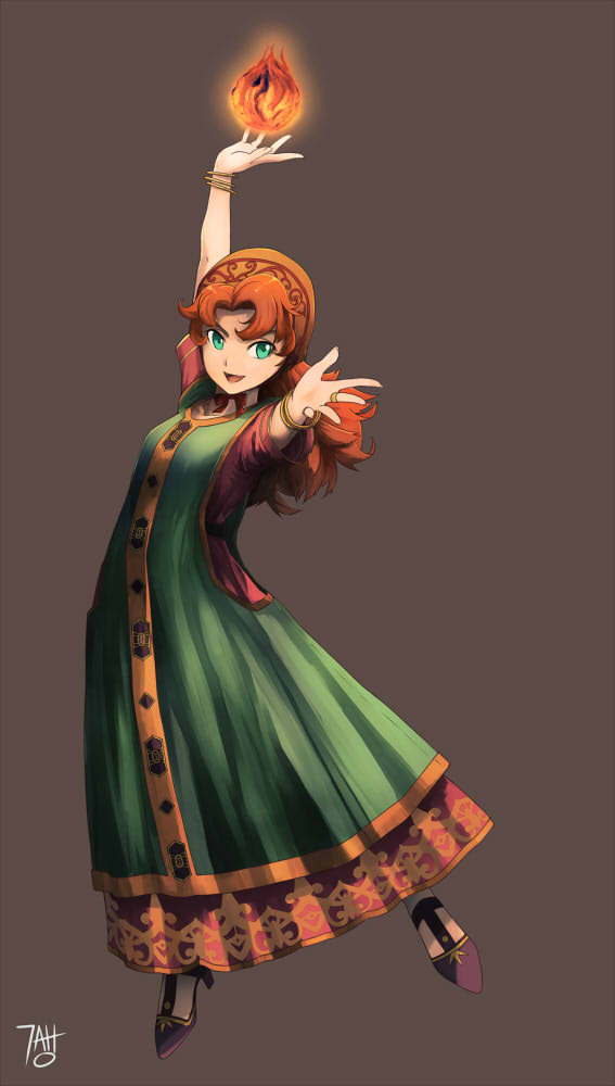 1girl arm_up bonnet bracelet brown_background brown_bonnet commentary curly_hair dragon_quest dragon_quest_heroes dragon_quest_vii dress english_commentary fireball full_body gold_bracelet green_eyes high_heels jewelry long_hair looking_at_viewer maribel_(dq7) nathan_stefv open_hand open_mouth orange_hair ring solo