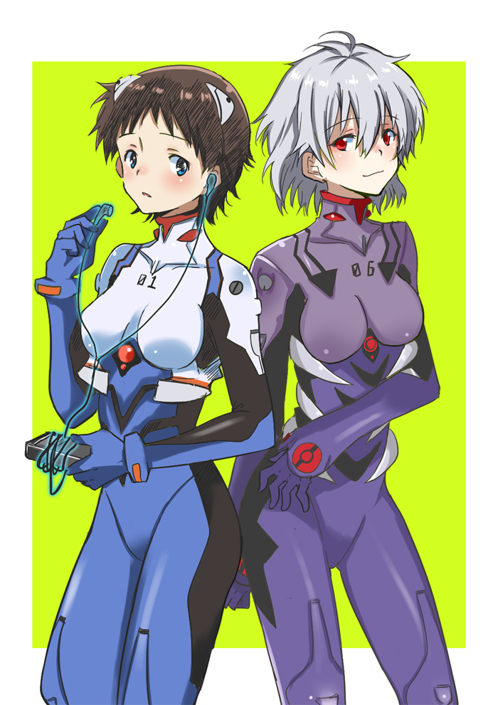 2girls bad_id bad_pixiv_id blush brown_hair cassette_player genderswap genderswap_(mtf) ikari_shinji interface_headset mecha_pilot_suit multiple_girls nagisa_kaworu neon_genesis_evangelion plugsuit rebuild_of_evangelion red_eyes short_hair smile white_hair zonana