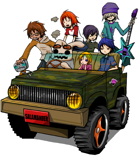 4boys ^_^ character_request closed_eyes copyright_request driving electric_guitar grin guitar happy instrument luka male_focus motor_vehicle multiple_boys robot salamander_(jonbonjovi82) simple_background smile truck vehicle white_background