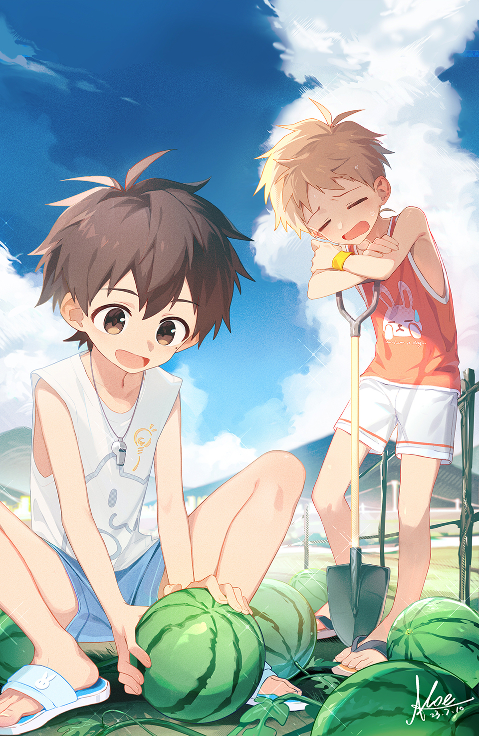 2boys blonde_hair blue_shorts blue_sky brown_eyes brown_hair child closed_eyes cloud cloudy_sky day flip-flops food fruit highres koe_(mixpi) male_focus multiple_boys open_mouth orange_tank_top original outdoors sandals short_hair shorts shovel sky smile squatting tank_top very_short_hair watermelon white_shorts white_tank_top