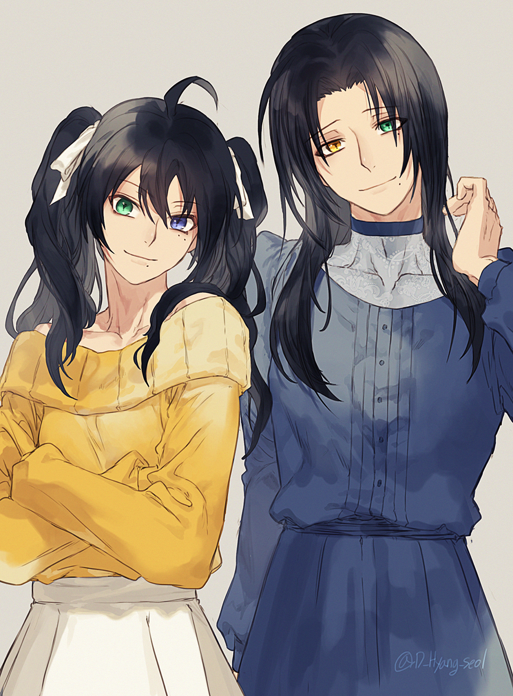 2boys ahoge black_hair blue_eyes crossdressing crossed_arms curtained_hair green_eyes grey_background hair_extensions head_tilt highres hypnosis_mic leeis_cool mole mole_under_eye multiple_boys multiple_moles off-shoulder_sweater off_shoulder parted_bangs ribbon skirt sweater twintails white_ribbon white_skirt yamada_jiro yamada_saburo yellow_eyes yellow_sweater