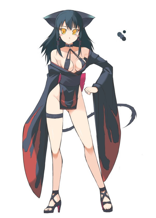 1girl animal_ears black_hair blush capcom female_focus high_heels monster_girl monster_hunter_(series) nargacuga ohta_yuichi personification solo tail yellow_eyes