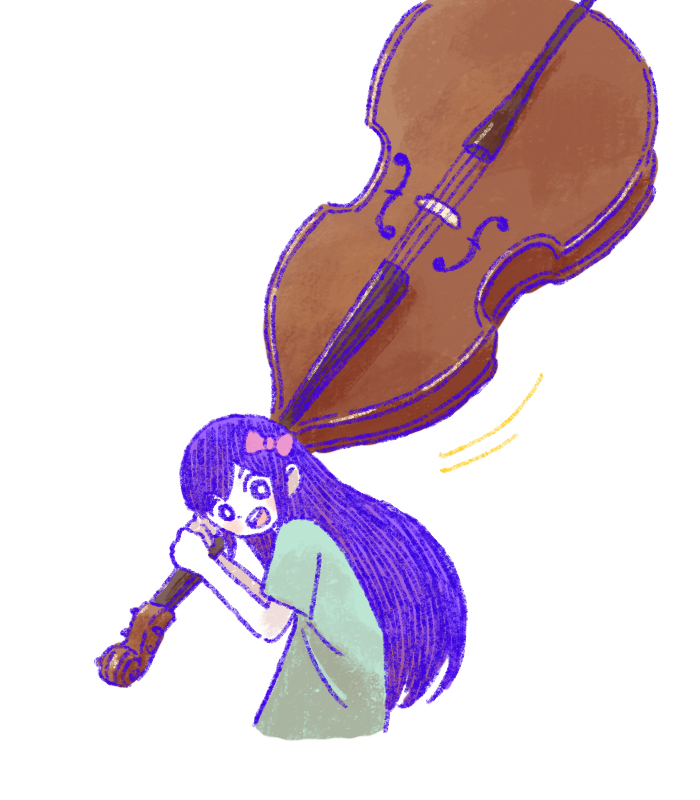 1girl aubrey_(headspace)_(omori) aubrey_(omori) blue_shirt bow bright_pupils colored_skin hair_bow holding holding_instrument holding_violin instrument long_hair looking_at_viewer omori oversized_object pink_bow purple_eyes purple_hair shirt short_sleeves simple_background solo sun_iiinu teeth upper_teeth_only violin white_background white_pupils white_skin