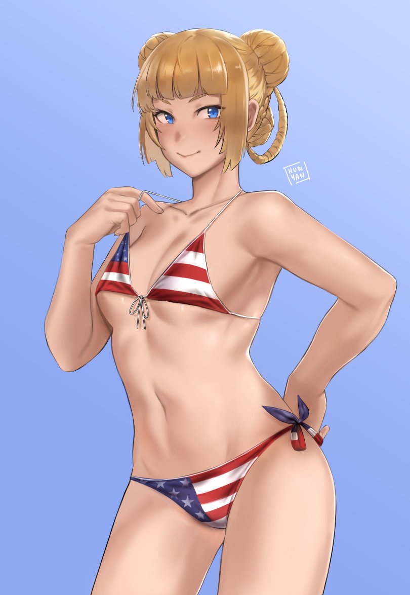 1girl american_flag_bikini american_flag_print analogue:_a_hate_story bikini bikini_pull blonde_hair blue_background blue_eyes blunt_bangs blush braid breasts clothes_pull commission cowboy_shot double_bun flag_print gradient_background hair_bun hand_on_own_hip hunyan looking_at_viewer mute_(analogue:_a_hate_story) navel print_bikini small_breasts smile solo swimsuit underboob