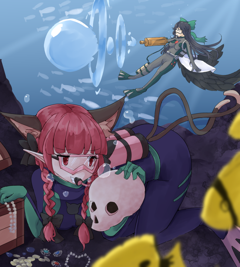 2girls animal_ears blurry blurry_background blurry_foreground bow braid cape cat_ears depth_of_field extra_ears green_bow grin hair_bow jyaoh0731 kaenbyou_rin multiple_girls multiple_tails nekomata oxygen_tank pointy_ears red_hair reiuji_utsuho smile tail touhou treasure twin_braids two_tails underwater white_cape wings