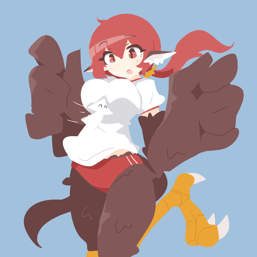 1girl animal_ears big_o_pants bird_ears bird_legs bird_tail black_feathers black_wings blue_background buruma commentary_request feather_fingers feathers fio-chan_(big_o_pants) gym_shirt hair_between_eyes harpy long_hair monster_girl open_mouth original ponytail red_buruma red_eyes red_hair shirt simple_background solo tail talons winged_arms wings