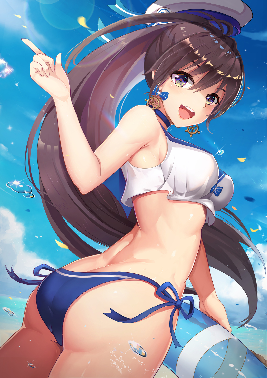 1girl :d antenna_hair ass back bare_arms bare_shoulders bikini blue_bikini blue_ribbon blue_sailor_collar blue_sky blush breasts brown_eyes cloud copyright_request crop_top day earrings hat high_ponytail highres holding holding_swim_ring index_finger_raised innertube jewelry l.bou lens_flare long_hair looking_at_viewer medium_breasts multicolored_eyes open_mouth ponytail purple_eyes ribbon round_teeth sailor_collar sailor_hat side-tie_bikini_bottom sky sleeveless smile sparkle swim_ring swimsuit teeth twisted_torso very_long_hair water water_drop white_hat