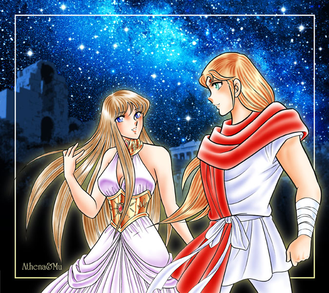 1boy 1girl aries_muu athena breasts cleavage dress greece kido_saori kurumada_masami lemurian long_hair saint_seiya very_long_hair