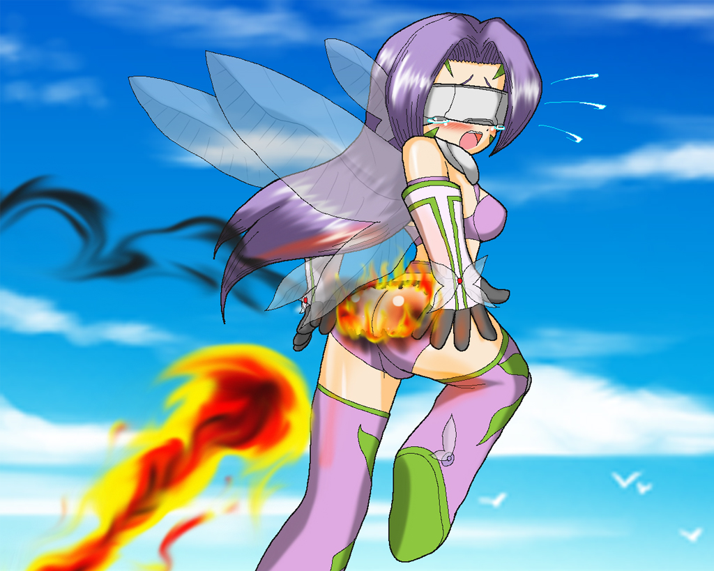 1girl ass ass_cutout breasts burnt_clothes butt_crack clothing_cutout digimon digimon_(creature) fairimon gloves head_wings long_hair mask meramon wings