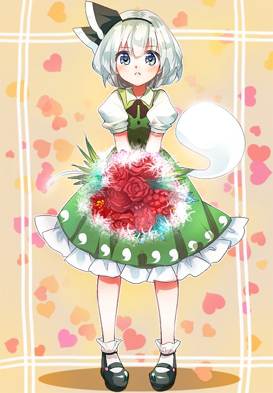 1girl :&lt; aqua_eyes black_footwear black_hairband blush bouquet closed_mouth dress female_focus flower frilled_sleeves frills full_body green_dress hairband heart heart_background holding holding_bouquet konpaku_youmu konpaku_youmu_(ghost) looking_at_viewer mary_janes nagare pinafore_dress puffy_short_sleeves puffy_sleeves red_flower shoes short_hair short_sleeves silver_hair sleeveless sleeveless_dress socks solo standing tareme touhou white_socks