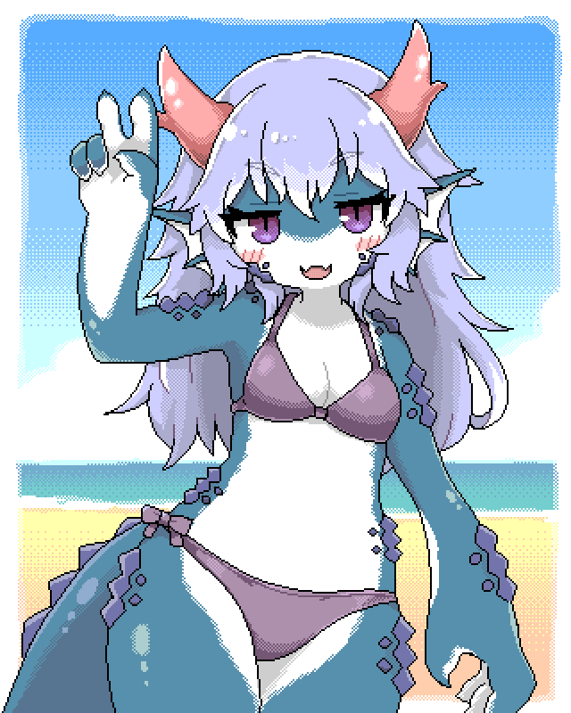 1girl beach bikini blue_hair blue_skin blue_sky blush border breasts cloud colored_skin dithering dragon_girl dragon_horns dragon_tail fangs fins furry furry_female head_fins horizon horns looking_at_viewer multicolored_skin ocean open_mouth original outdoors pixel_art purple_bikini purple_eyes rmtwo sky slit_pupils small_breasts solo swimsuit tail v white_border white_skin