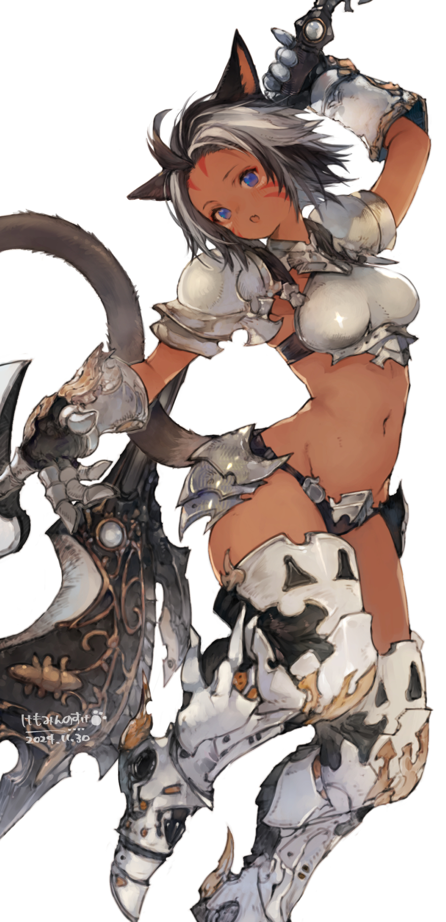 1girl animal_ears armor axe battle_axe bikini_armor black_hair blue_eyes cat_ears cat_girl cat_tail commentary_request commission dark-skinned_female dark_skin dated final_fantasy final_fantasy_xiv greaves highres holding holding_axe kemomin_nosuke miqo&#039;te multicolored_hair navel open_mouth sabaton signature skeb_commission tail two-tone_hair warrior_(final_fantasy) warrior_of_light_(ff14) weapon white_background white_hair