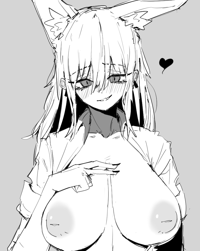 0w07 1girl animal_ear_fluff animal_ears arknights breasts commentary english_commentary fox_ears fox_girl franka_(arknights) grey_background greyscale hair_between_eyes heart inverted_nipples large_areolae large_breasts long_hair looking_at_viewer monochrome naughty_face no_bra open_clothes open_shirt shirt simple_background solo upper_body