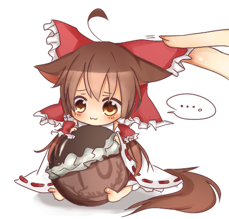 ... 1girl :3 ahoge animal_ears barefoot blush bow brown_eyes brown_hair chibi chocolate chocolate_coin feet female_focus hair_bow hair_tubes hakurei_reimu headpat kemonomimi_mode long_sleeves lowres sleeves_past_wrists solo_focus tail tosura-ayato touhou