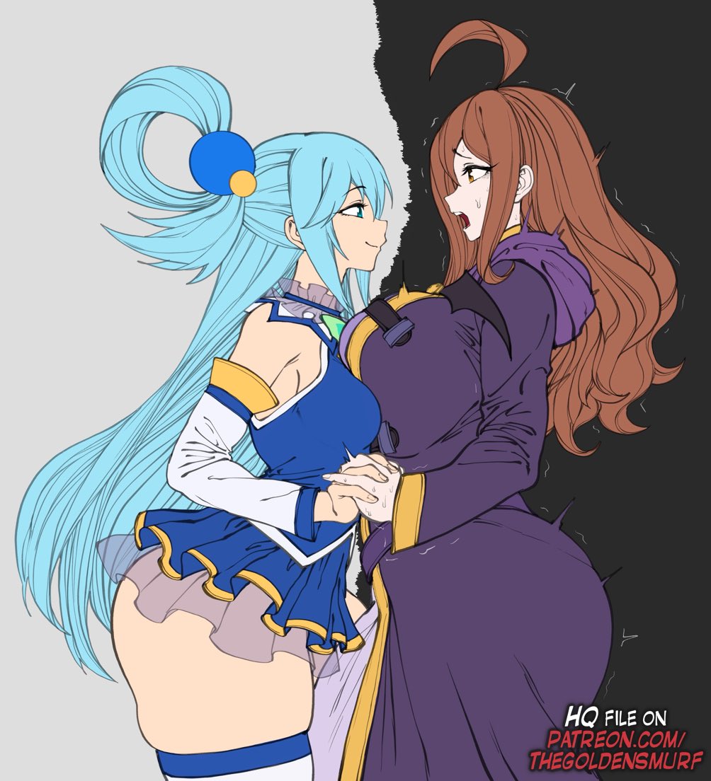 2girls ahoge aqua_(konosuba) ass blue_eyes blue_hair breasts brown_eyes brown_hair commentary cropped_legs detached_sleeves dress english_commentary frown huge_ass kono_subarashii_sekai_ni_shukufuku_wo! large_breasts long_hair long_sleeves looking_at_another multiple_girls open_mouth purple_robe red_dress robe skindentation smile smug standing sweatdrop teeth the_golden_smurf thick_thighs thighhighs thighs twitching upper_teeth_only white_thighhighs wiz_(konosuba)