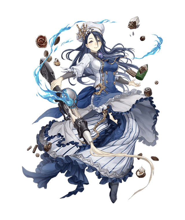 1girl apron blue_hair breasts chef_hat chef chocolate frills full_body gold_trim gun hair_over_one_eye hat ji_no kaguya_(sinoalice) large_breasts long_hair looking_at_viewer official_art rifle sinoalice skull smile solo transparent_background weapon whipped_cream