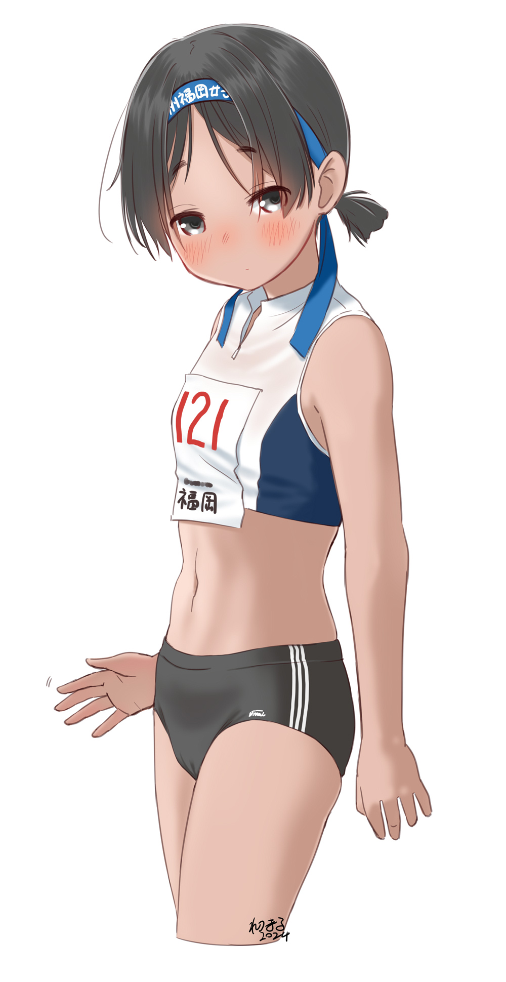 1girl 2024 black_buruma black_hair blue_headband blush buruma cameltoe cropped_legs grey_eyes headband highres looking_at_viewer navel original retsumaru short_ponytail shy signature simple_background solo track_uniform waving white_background