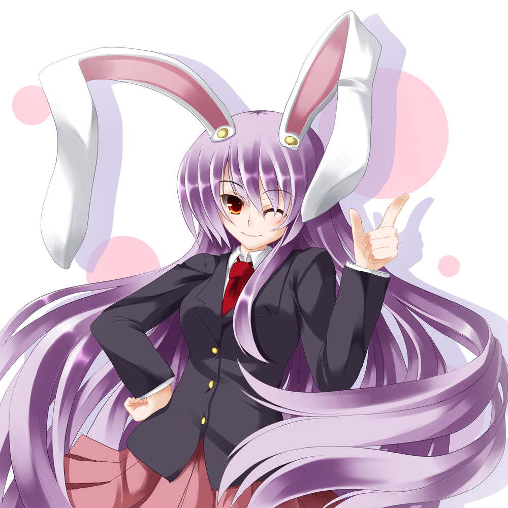 1girl absurdly_long_hair animal_ears bad_id bad_pixiv_id colorized female_focus fuyuno_taka hand_on_own_hip iwanori long_hair looking_at_viewer monochrome necktie one_eye_closed purple_hair rabbit_ears red_eyes reisen_udongein_inaba smile solo touhou very_long_hair wink